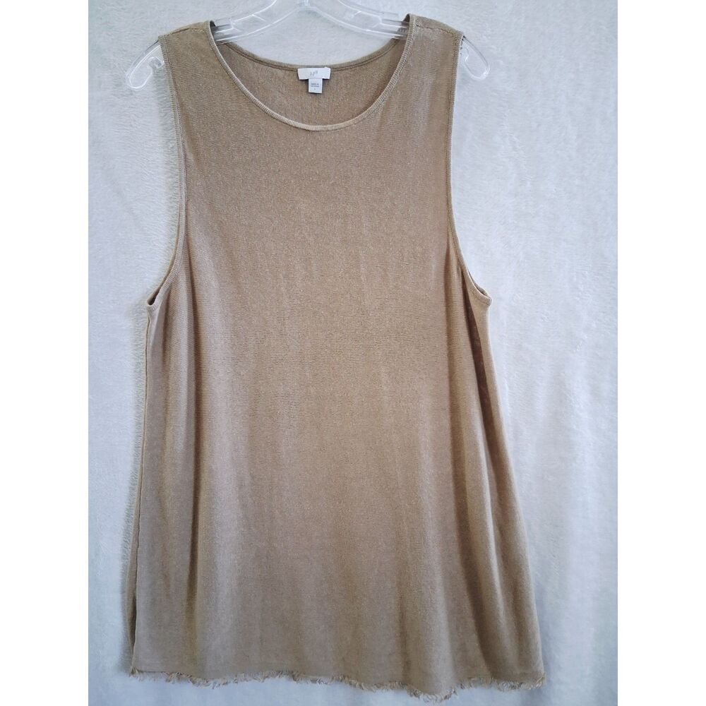 J Jill L Tank Knit Top Tan Camel Fringe Beachy Neutral Coastal Sleeveless Linen